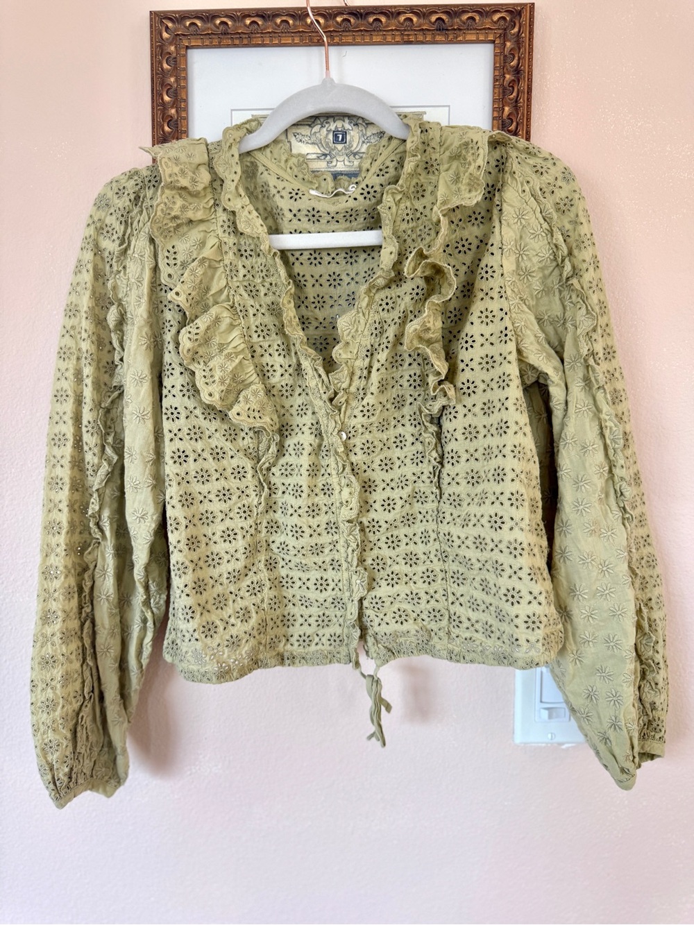 unsubscribed Eyelet Long Sleeve Blouse Olive